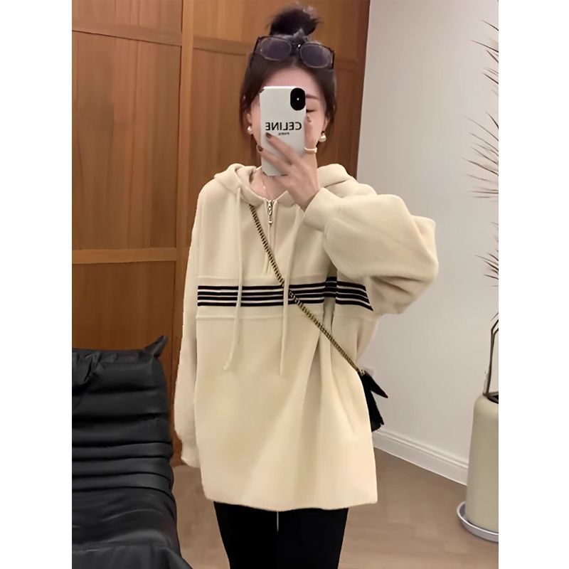 休闲半拉链撞色连帽卫衣女秋冬季宽松慵懒风加绒加厚长袖外套上衣|undefined