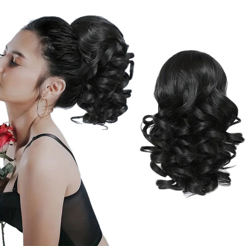 外国貿易女性用ウィッグクリップ、ショートローマンカーリーポニーテール、マルチカラー、ヘアスタイル変更、気質変更、大型クリップ、卸売|undefined