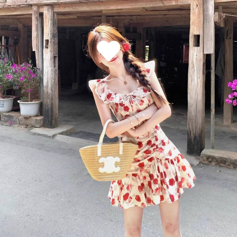 フレンチレトロ花柄ドレス女性のための 2025 夏の新しいスタイル小柄な気質ウエスト小さなフライングスリーブショートスカート|undefined