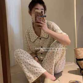 Hers 夏日松间小花家居服女2026年夏季薄款短袖长裤睡衣套装开衫