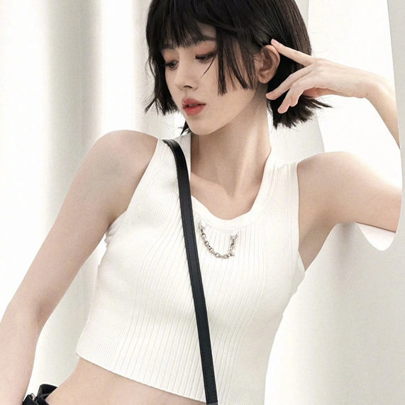 High-Quality 26 Spring-Summer White Fashionable Slim-Fit Wool Ribbed Short Vest Top in Stock for Immediate Delivery High-Quality 26 Spring-Summer White Fashionable Slim-Fit Wool Ribbed Short Vest Top in Stock for Immediate Delivery