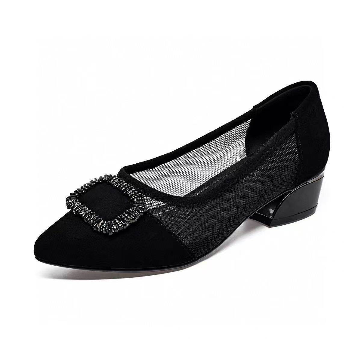 Sandal nữ mũi nhọn chất da, gót thô 3 cm, đế mềm thoáng khí — Đen 3cm