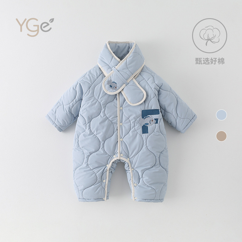 婴幼儿连体衣保暖棉服外出婴儿宝宝衣服冬季简约字母动物爬服批发