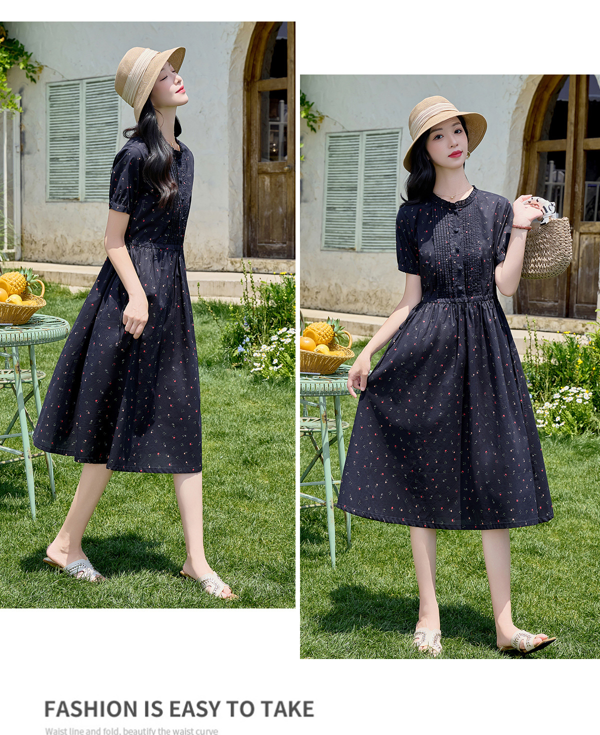 Đầm maxi nữ thắt eo in họa tiết hoa cổ điển tay ngắn — Xanh lông mòng đen chi tiết 15