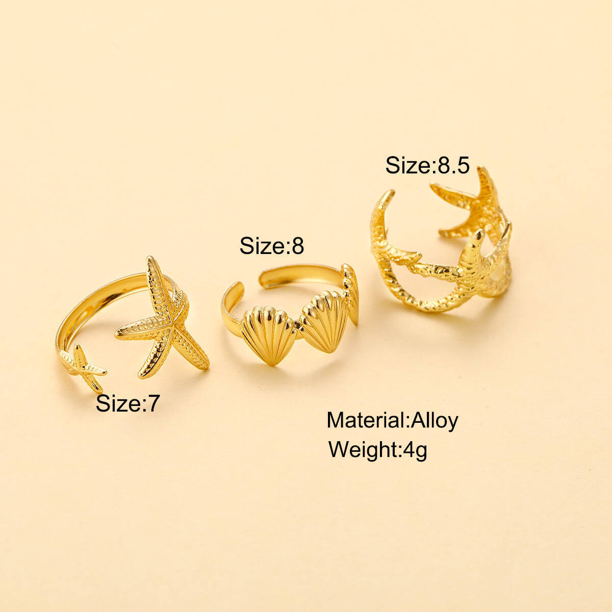 Cross-Border European and American New Style Beach Casual Starfish Open Ring Ocean Vacation Women's Jewelry 3-Piece Set Wholesale