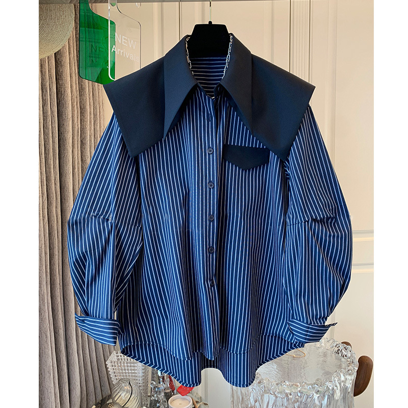 Korean Style High-End Shawl Navy Collar Striped Long-Sleeved Shirt Tops Women's Spring & Fall New Fake Two-Piece Shirt Trend