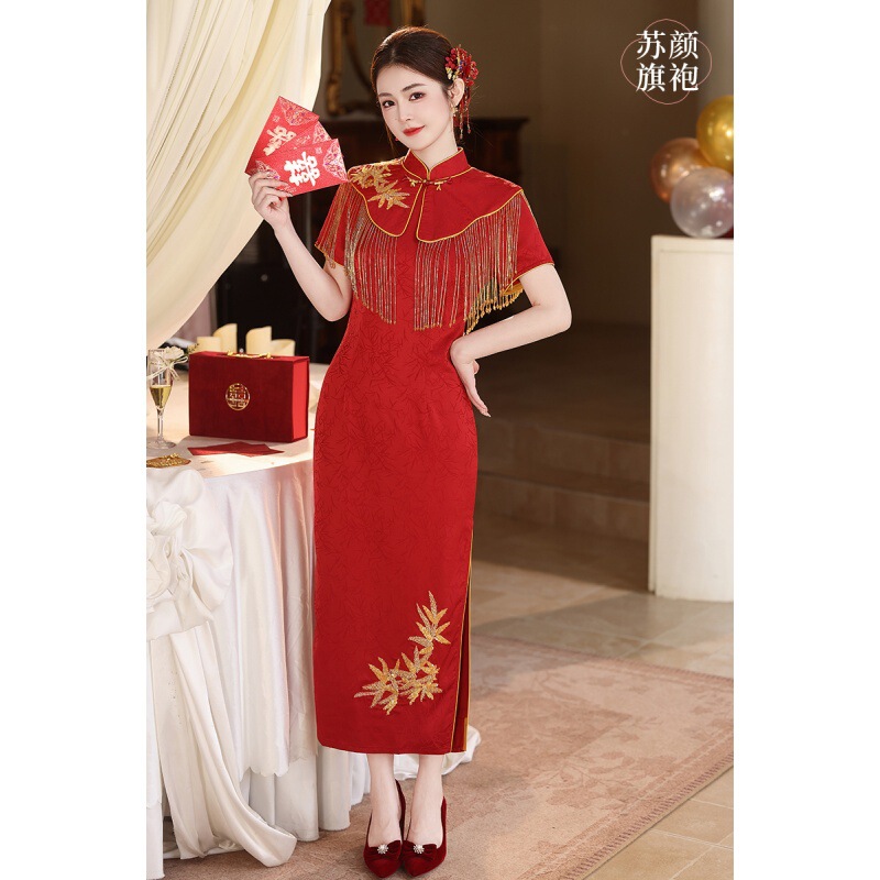 Red Embroidered Tassel Stand-Collar Slim-Fit Cheongsam for Women, New Chinese-Style Wedding Dress Red Embroidered Tassel Stand-Collar Slim-Fit Cheongsam for Women, New Chinese-Style Wedding Dress