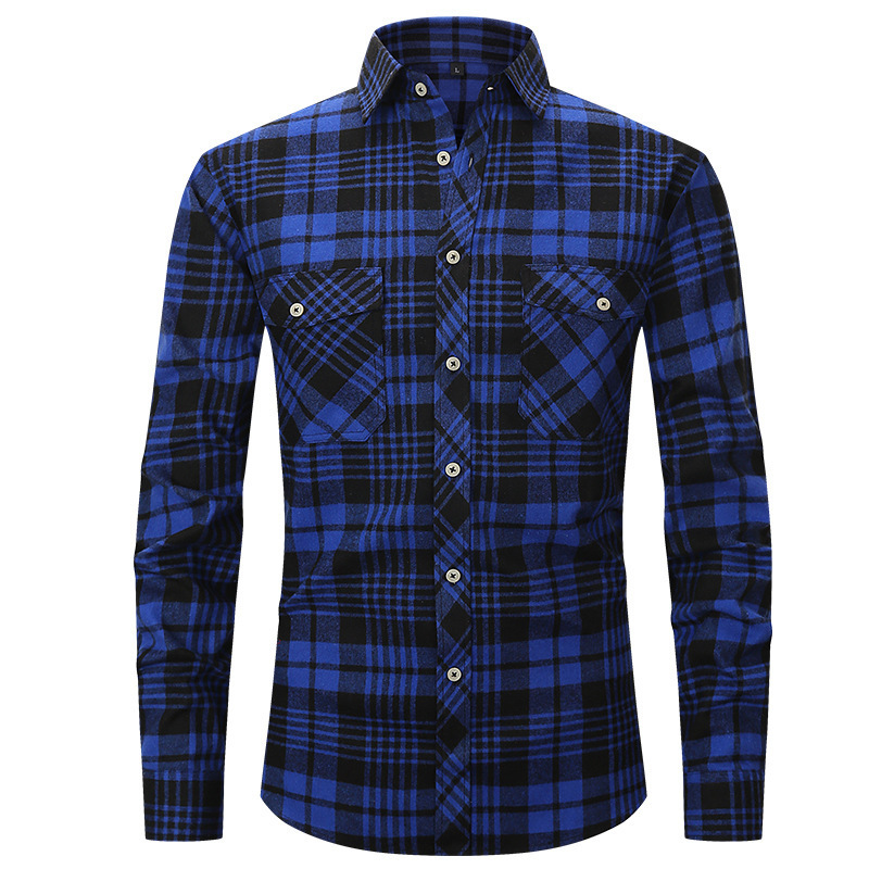 Autumn Men's Brushed Plaid Shirt Large Size Slim Fashion Long-Sleeved Lining