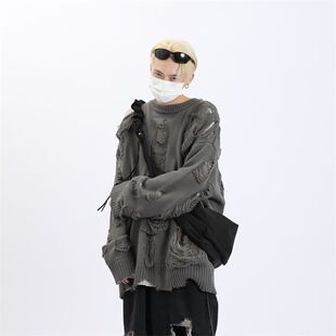 Cross-border European and American high street Asian culture ripped hollow-out fake two-piece sweater men's heavy work lazy style coat sweater