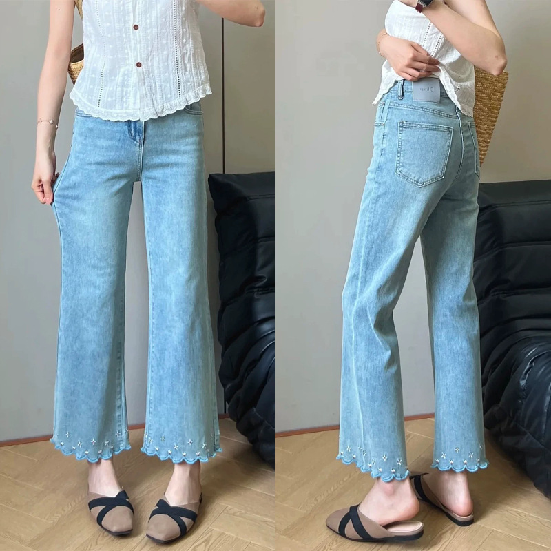 Petite Women's Stylish Cropped Pants, Summer Thin Style, Non-Tight Straight-Leg Flared Pants, Plus Size, Lace Embroidered Jeans Petite Women's Stylish Cropped Pants, Summer Thin Style, Non-Tight Straight-Leg Flared Pants, Plus Size, Lace Embroidered Jeans
