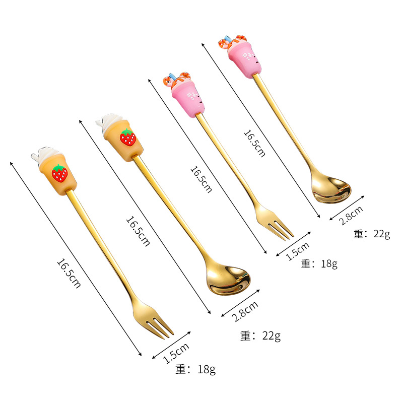 딸기 + 핑크 밀크티 컵, 스푼, 포크 4종 세트