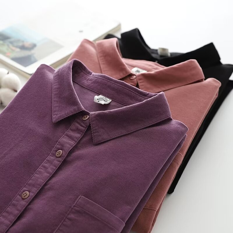 2025 Autumn New Women's Corduroy Long Sleeve Shirt Women's Cotton Plaid Solid Color Shirt Women's Clothing