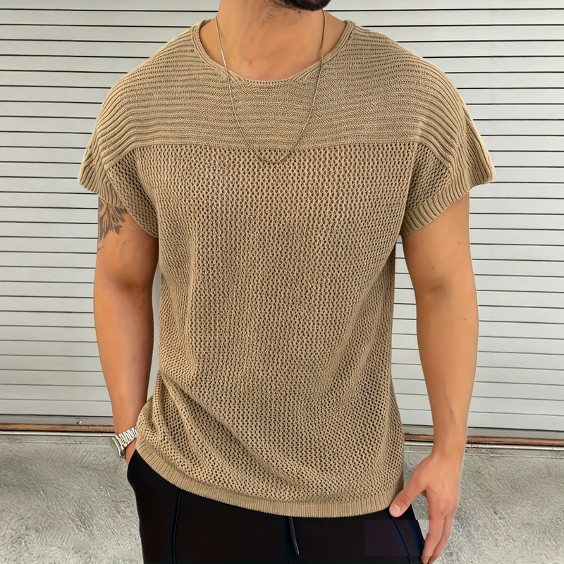Men's Casual Pullover Fishnet Hollow-Out Knit Loose Drop-Shoulder Short-Sleeve Men's Fashion Casual Knit Top
