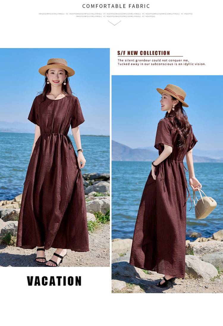 Đầm maxi nữ cổ tròn tay ngắn eo thon dáng dài — Màu đen, Màu nâu đỏ, Màu xám chi tiết 14