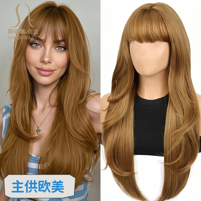 Mainly for European and American Cross-Border Oem High-Temperature Synthetic Hair Wigs, Women's Milk Tea Golden Brown Daily Commuting Layered Long Curly Wig