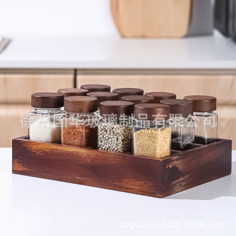 Botella de condimento cuadrada de 120ml de vidrio de cocina bambú Acacia 40oz condimento de vidrio con estante