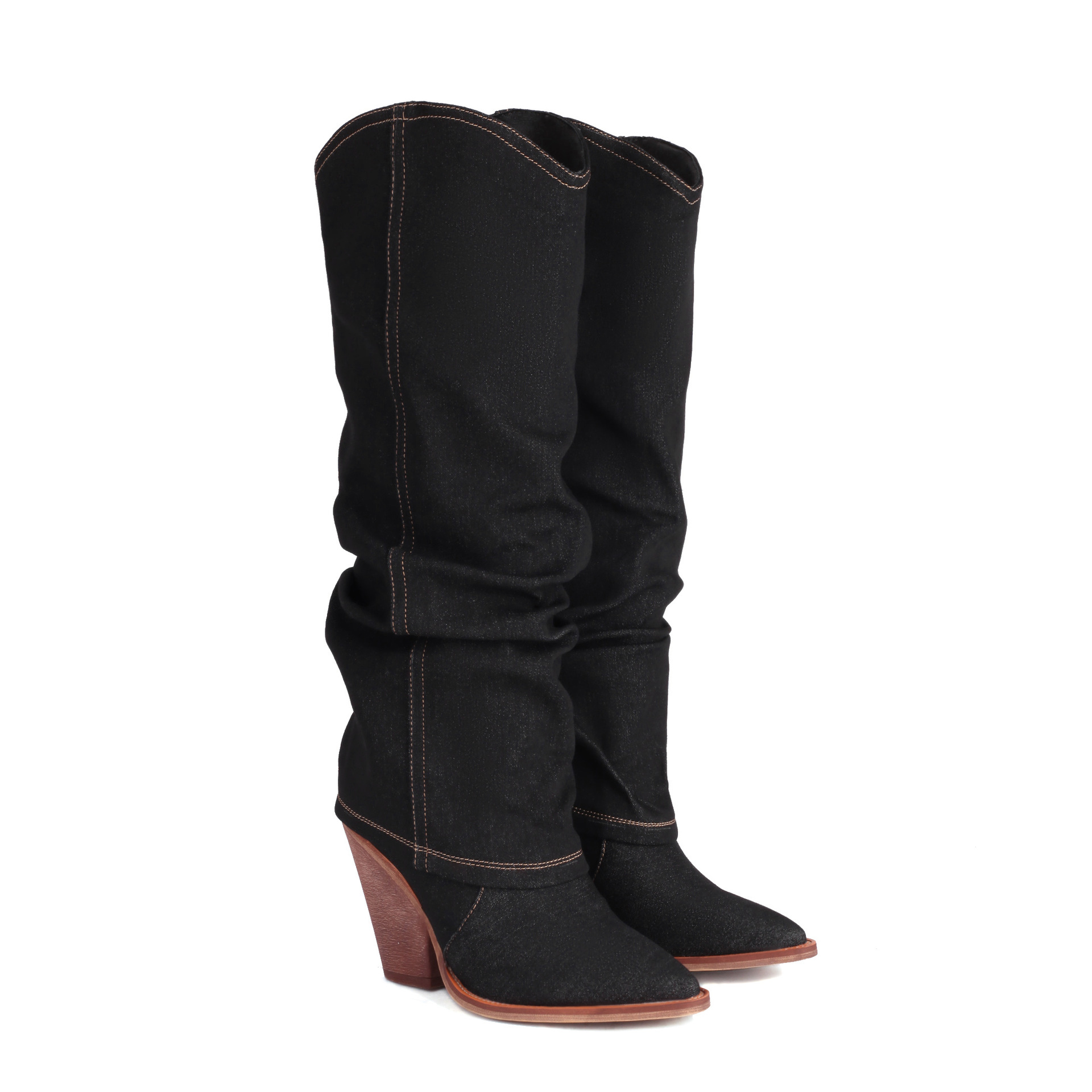pointy toe chunky heel high tube boots
