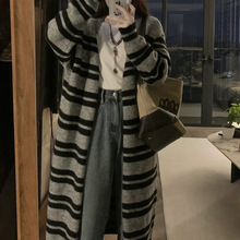 韩版中长款条纹提花过膝针织开衫女25年秋冬软糯毛衣外套宽松上衣