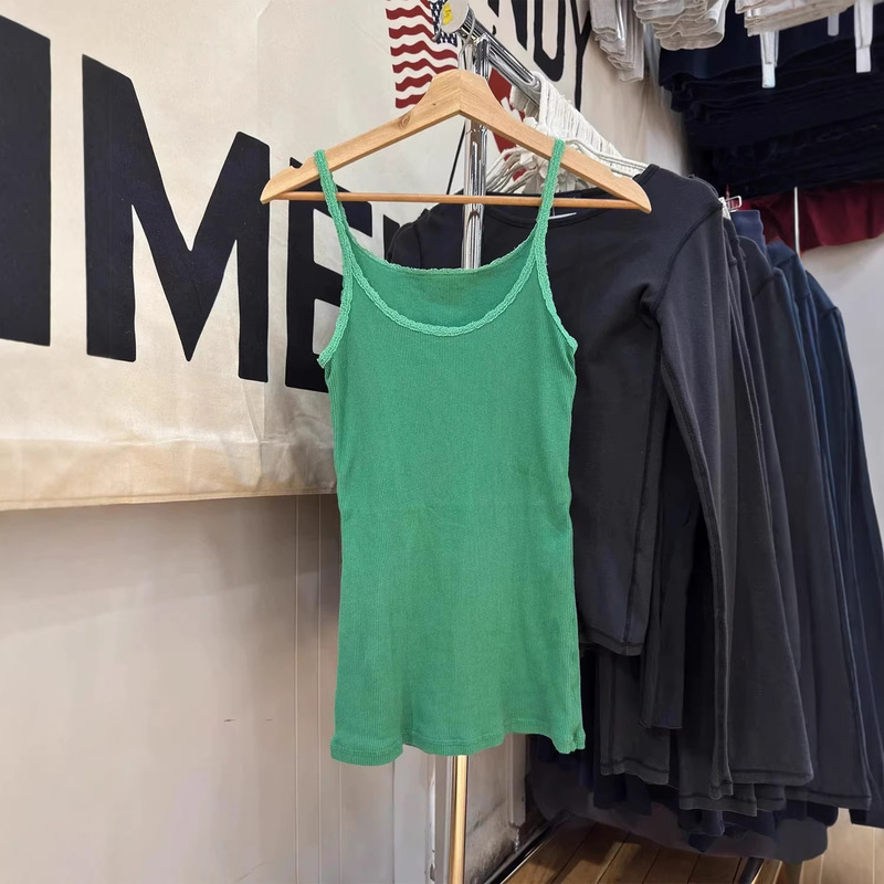 Bm New Retro Green Lace-Trimmed Ribbed Long Camisole Bm Slim-Fit Versatile Pure Desire Style Tank Top for Women Summer