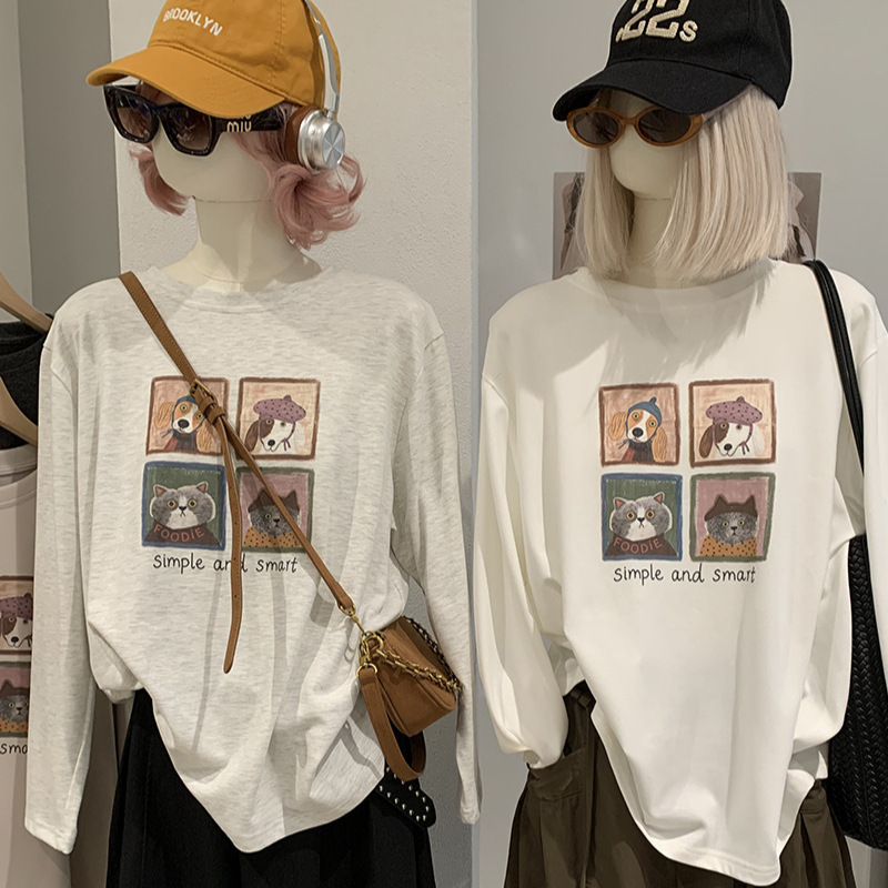 KEKEZOON Four-Pattern Cat and Dog Print Crew Neck Long-Sleeve Loose-Fit Mid-Length T-Shirt Wholesale 9058