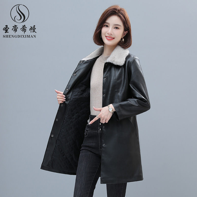 Autumn and Winter new leather coat women Haining high-end quilted fur collar leather windbreaker live broadcast room popular women's leather coat wholesale Autumn and Winter new leather coat women Haining high-end quilted fur collar leather windbreaker live broadcast room popular women's leather coat wholesale