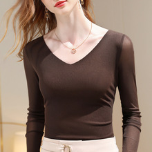 网纱打底衫女秋2025新款女装气质双V领欧货小衫长袖内搭弹力上衣