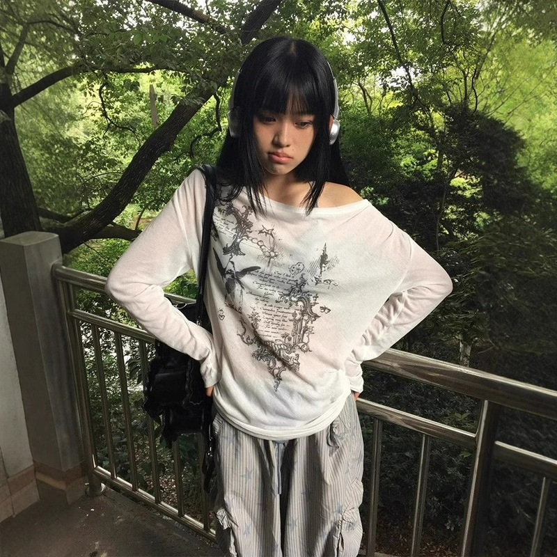 [Self-Operated Factory Ready for Delivery] [Original Fabric] Hot Girl Long-Sleeved T-Shirt Women's Retro American Print Needle