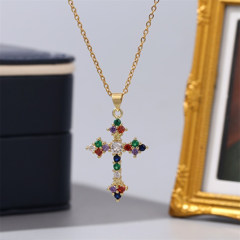Colorful Cross Copper Inlaid Zirconium Necklace display picture 6