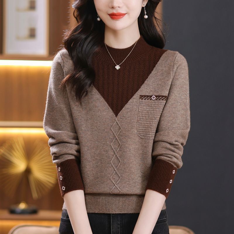 Autumn and Winter New Color-Blocked Pullover Half Turtleneck Thickeneded Knitwear Women's Knitted Knitwear Short Age-Reducing Loose Bottoming Top