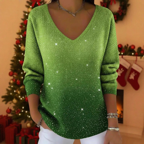 New 3D digital print gradient shines elegant temperament all-match women's V-neck, shoulder, long-sleeved, bottomed shirt, T-shirt
