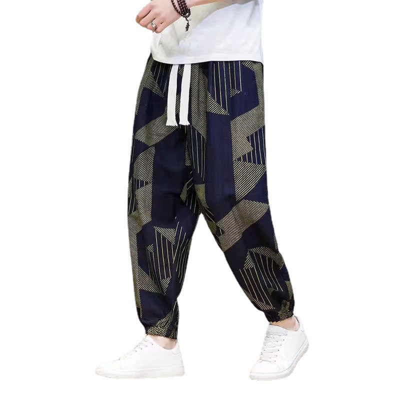Men's Lantern Pants Ethnic-style Leg Tether Loose Linen Vintage Printed Harlan Leg Casual Spring and Autumn Cropped Pants