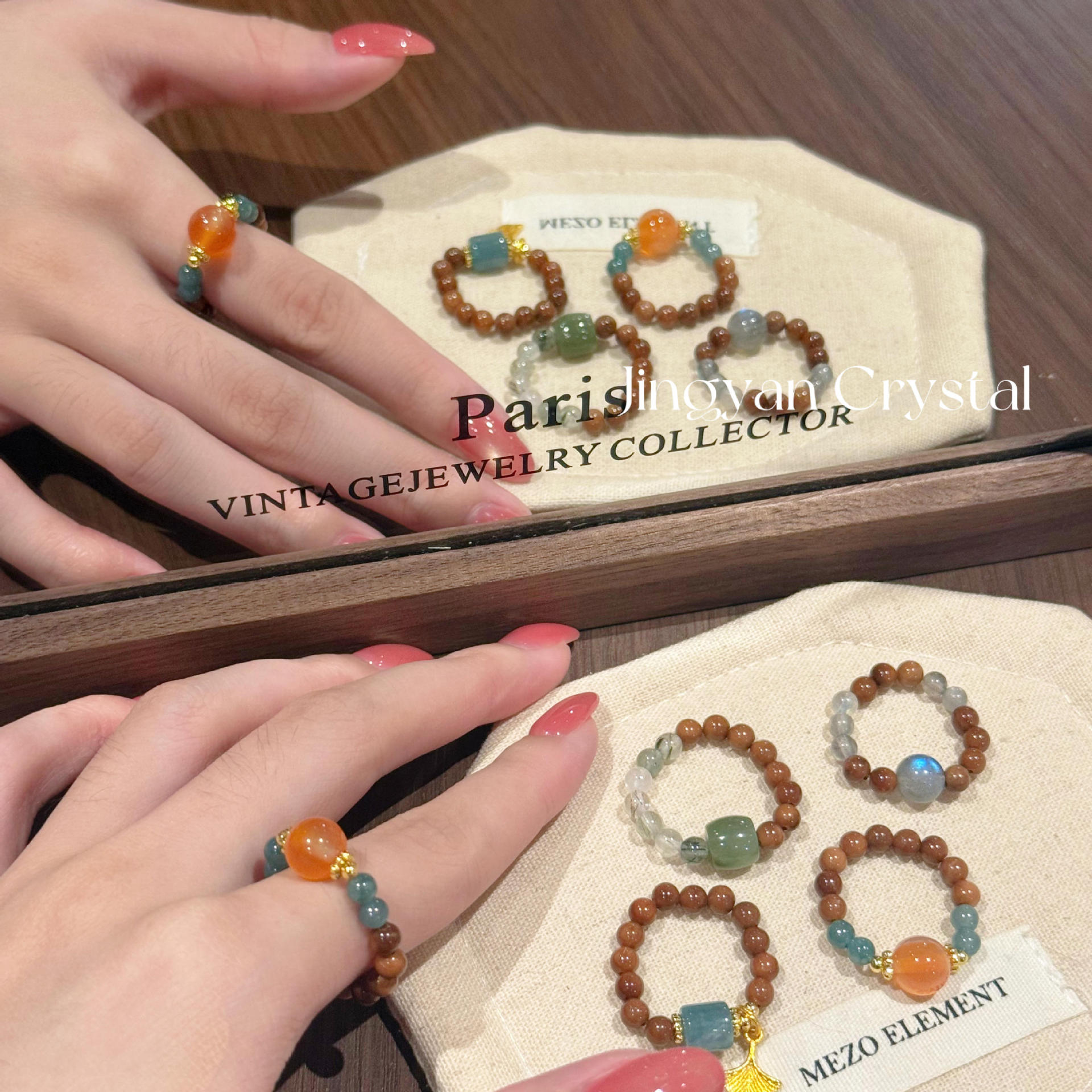 Original design, natural crystal, Cook's Green, gray moonstone, and other gemstone beads for wholesale, new Chinese-style ring for women