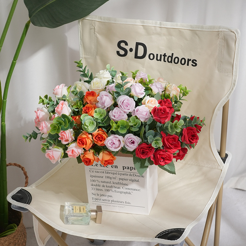 Cross-border simulation flower 11 head eucalyptus rose decoration fresh diy design wedding scene decoration