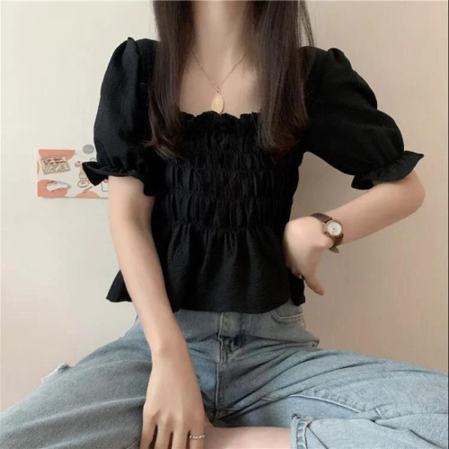 Summer Korean Version Plump Sister Slimming Top Women's Collar Plication Wood Ear Edge Versatile Shirt Women's Short Sleeve Chiffon Shirt