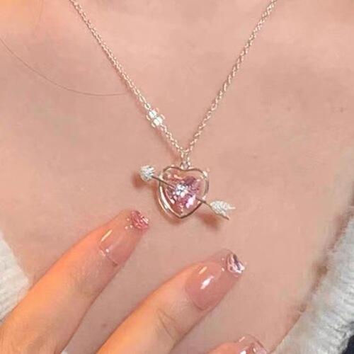 Arrow Through Heart Pink Diamond Female Student Necklace Love Clavicle Chain Light Luxury Niche Accessory Best Friend Necklace Birthday Gift