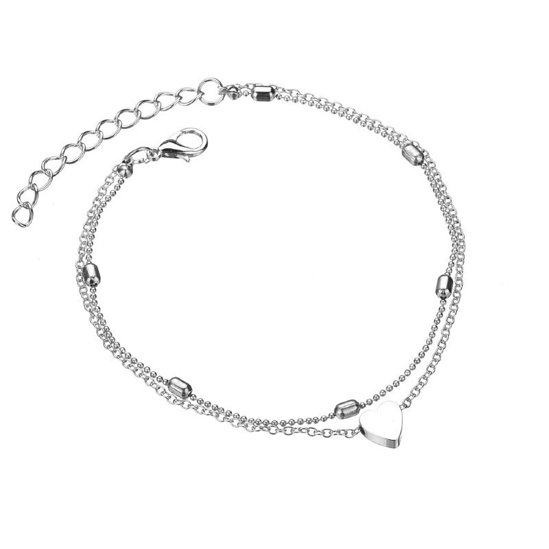  anklet (браслет на щиколотке) с сердечком, золотой или серебряный, круглые бусины, стиль лета на пляже