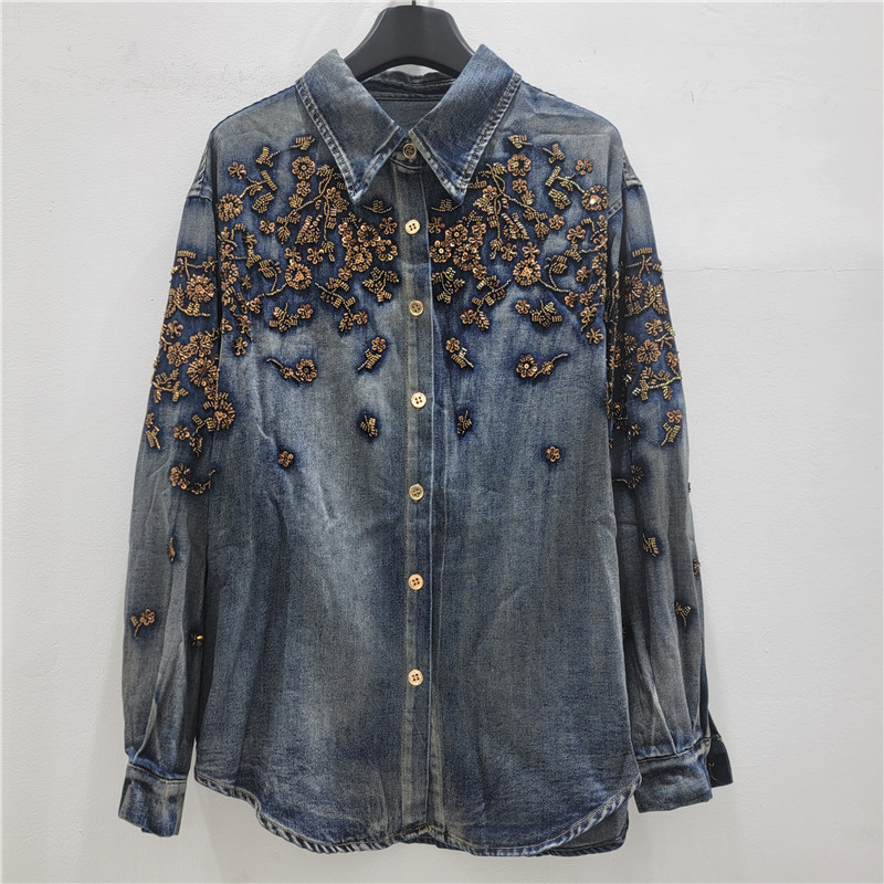 Camisa Vaquera Bordada de Solapa de Mezclilla y Poliéster, Cuello de Solapa, Manga Larga, Empalme
