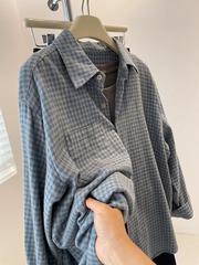 复古水洗磨毛蓝色格子衬衫外套女秋季加厚宽松休闲外搭叠穿上衣潮