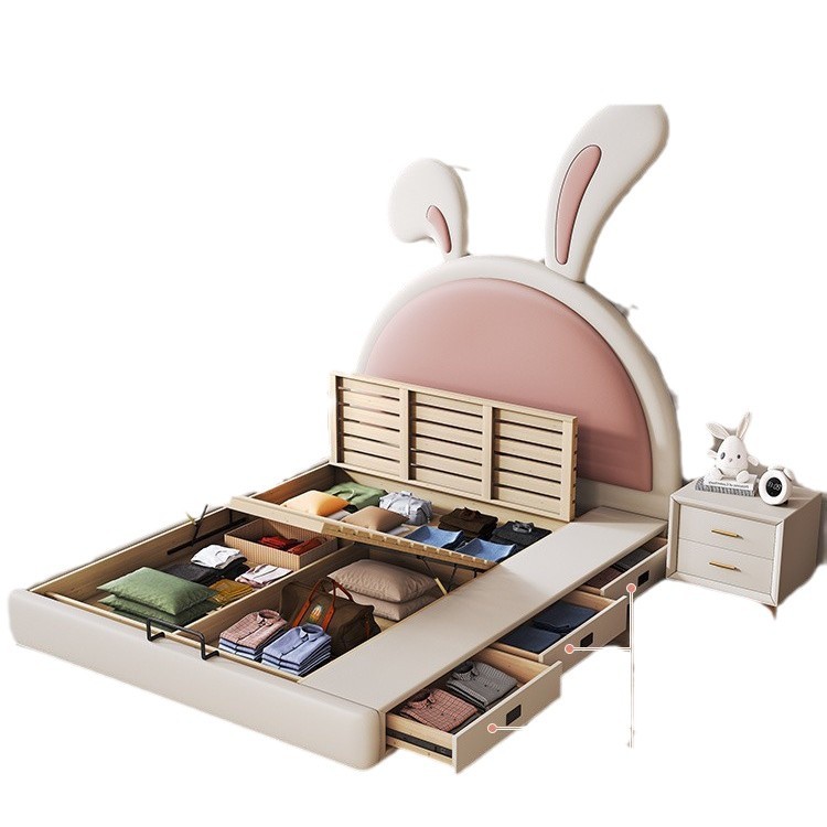 Cama de cuero de conejo de dibujos animados moderna y ligera Cama de niños Cama de princesa Cama de 1.2m Cama de almacenamiento