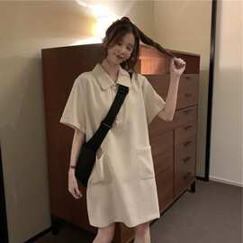 大口袋翻领短袖连衣裙女夏季小个子宽松显瘦直筒休闲恤裙子