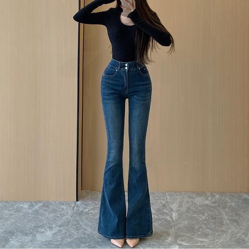 深色高腰双扣丰胯提臀微喇牛仔裤女2025秋季新款弹力显瘦喇叭长裤|undefined