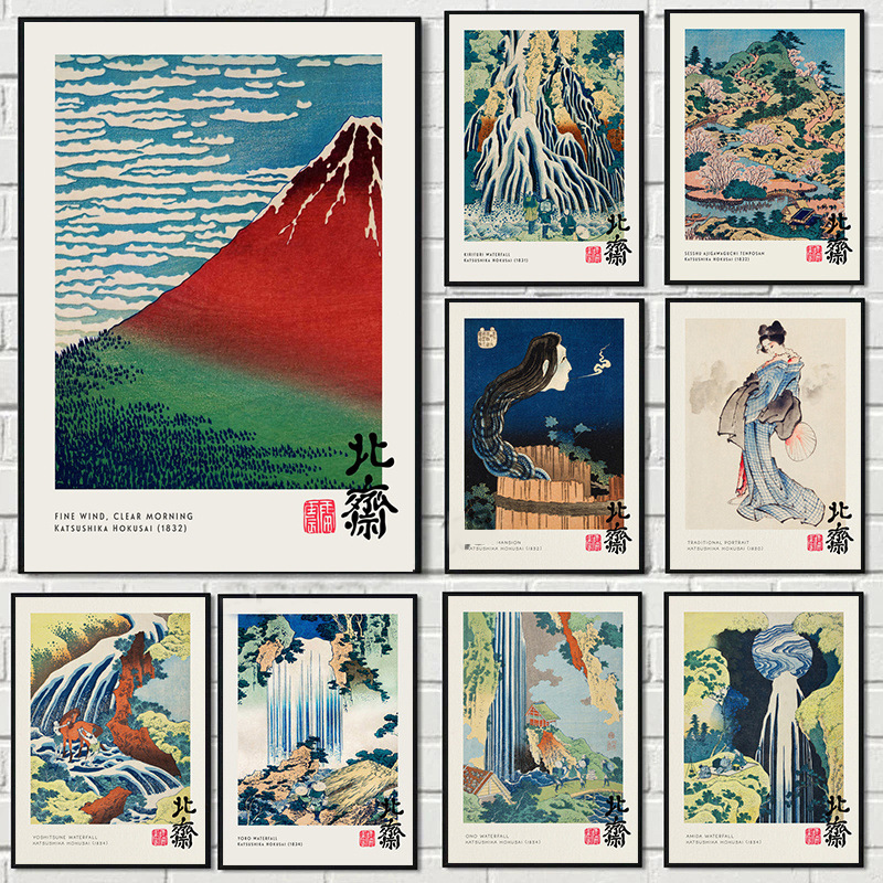 Cross-Border Exclusive Vintage Giant Wave Katsushika Hokusai Poster Waterfall Oil Painting Japan Exhibition Wall Art Home Decoration Painting