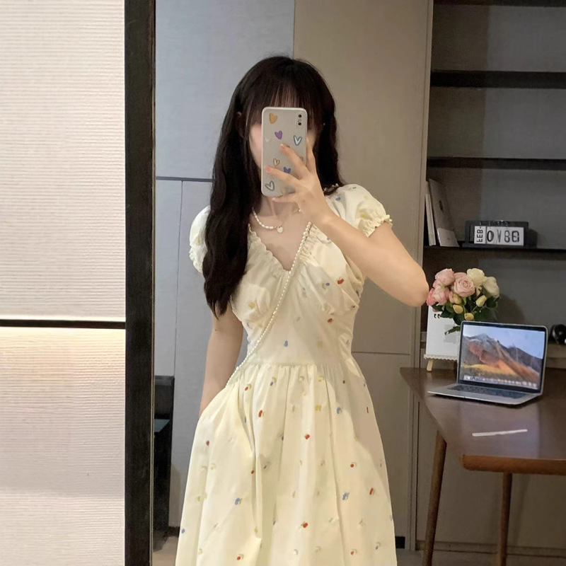 2025 French Season Sweet Floral Slimming Summer Milk Yellow New Elegant Waist Ballet dress Skirt 2025 French Season Sweet Floral Slimming Summer Milk Yellow New Elegant Waist Ballet dress Skirt