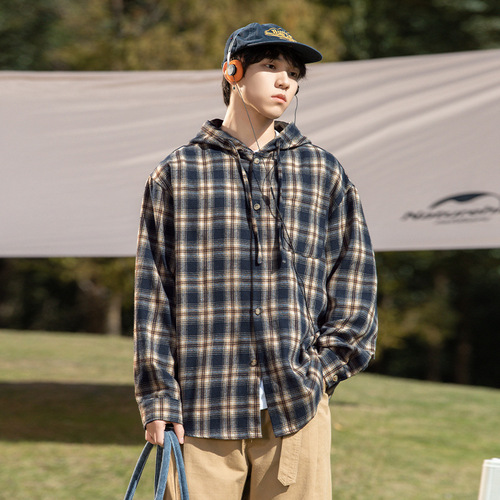 American Check Collar Shirt for Men 2025 Spring and Summer Couple Retro Long Sleeve Shirt with Contrasting Color Hooded Drawstring Design Outerwear