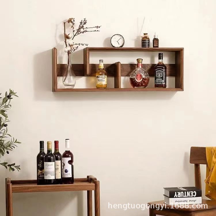黑胡桃木实木酒架墙上壁挂书架客厅厨房收纳置物架装饰墙面吊柜