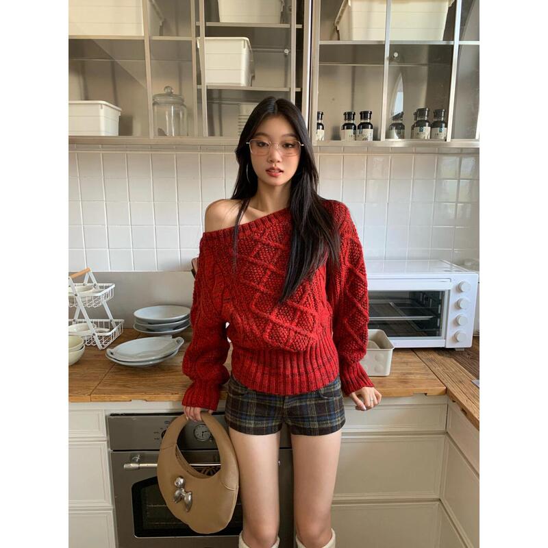 New Year Christmas Red Diamond Pattern Shoulder Twist Sweater Women's Autumn and Winter Thickened Elegant Short Sweater Top