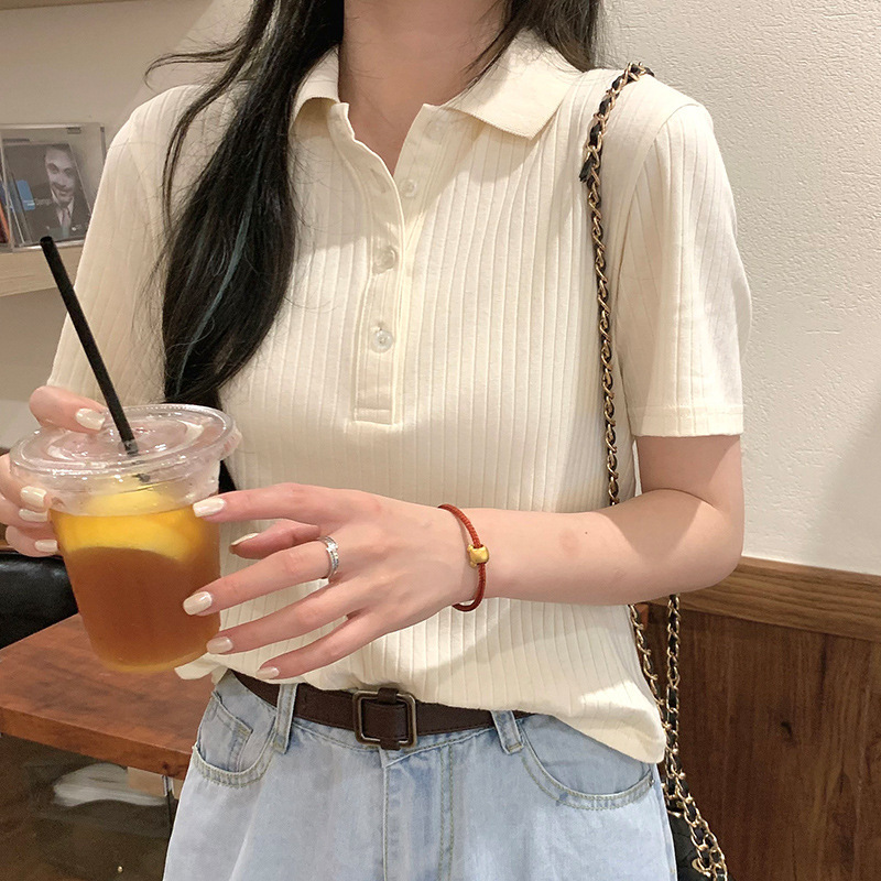 Korean Style Chic Short-Sleeve Top with Regular Shoulders, New Solid Color Ribbed Short-Sleeve T-Shirt for Women, Summer Spicy Girl Polo Shirt Korean Style Chic Short-Sleeve Top with Regular Shoulders, New Solid Color Ribbed Short-Sleeve T-Shirt for Women, Summer Spicy Girl Polo Shirt