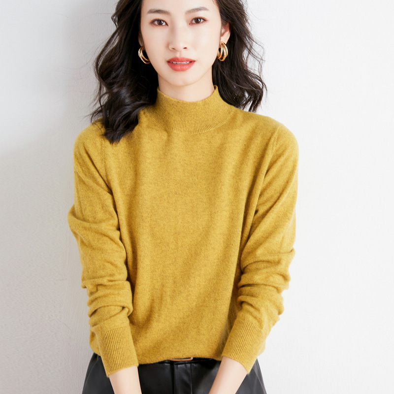 21 autumn and winter new semi-turtle neck sweater women's base sweater pullover short solid color flat loose large size Long Sleeve