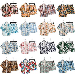 2025 New Style Hong Kong Style Retro Beach Thai Hawaiian Short-Sleeved Suit for Men and Women, Loose Birch Shirt Short-Sleeved