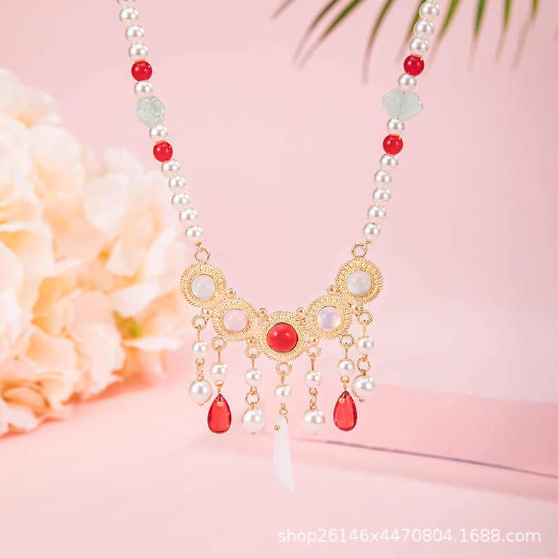 Necklace Collection Ancient Style Hanfu Yingluo Red Festive Pearl Pendant Dunhuang Style Accessories (TB14.9)